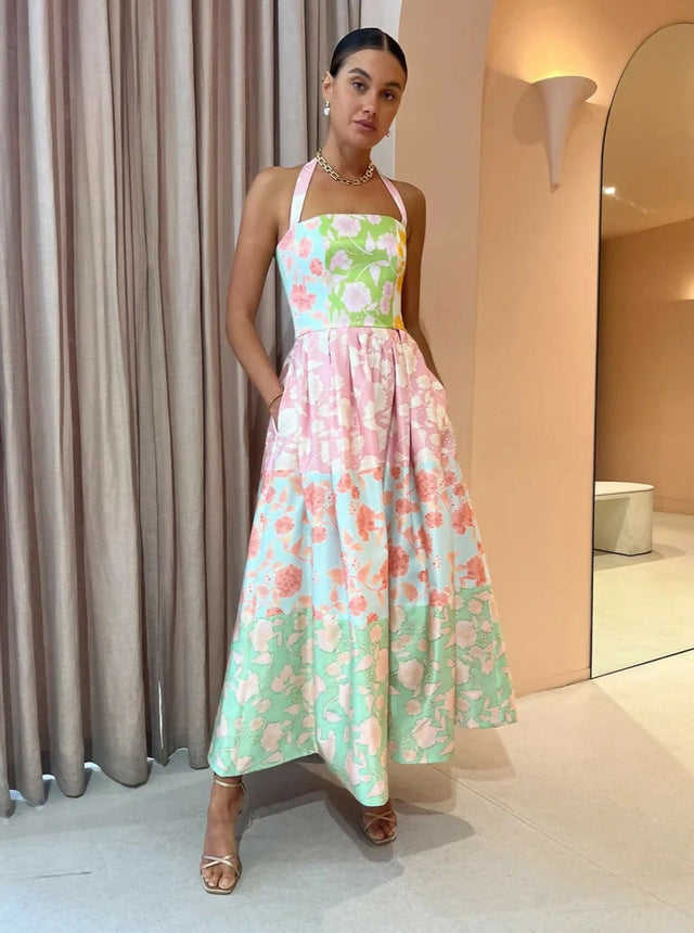 Leo Lin Ana Halterneck Maxi Dress In Anaemone Splice Print Size 8 - 8 / Multi - Dresses