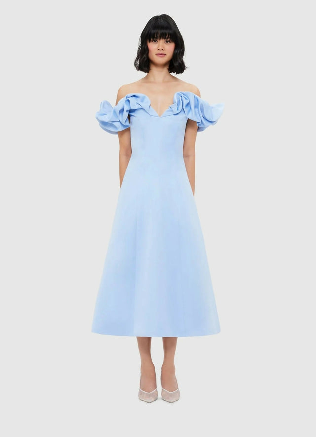 Leo Lin Annie Off Shoulder Frill Midi Dress - Sky Blue - 8 / Blue - Dresses