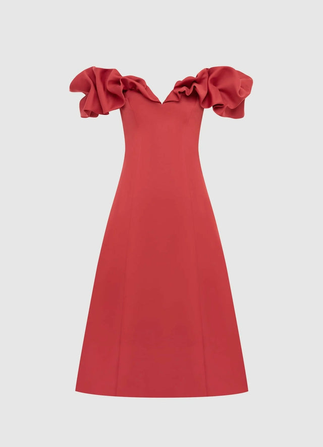 Leo Lin Annie off Shoulder Frilled Midi Dress - 14 / Red - Dresses