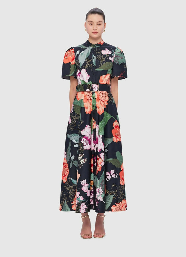 Leo Lin Bianca Short Sleeve Midi Dress in Lush Print Black Size AU 14 - 14 / Multi - Dresses