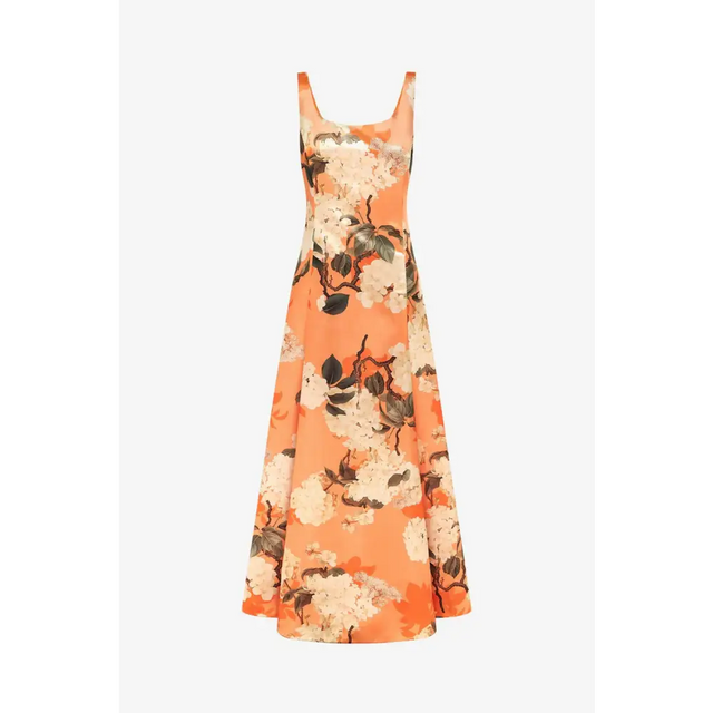 Leo Lin - Charlotte Maxi Dress - Hydrangea Print in Tangerine - 12 / Orange - Dresses