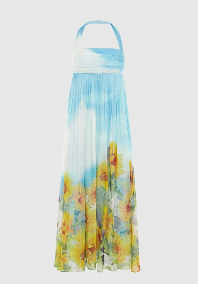 Leo Lin Claudette Silk Halter Maxi Dress In Sunflower Print Landscape Size 10 - 10 / Print - Dresses
