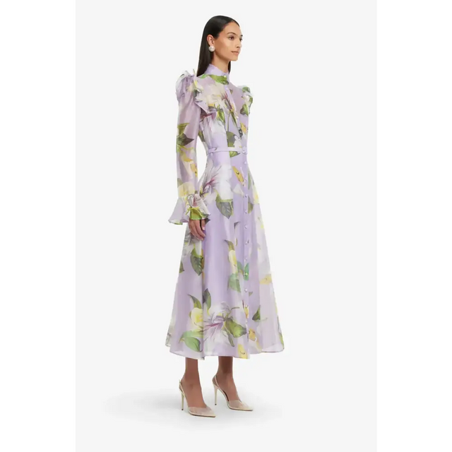 Leo Lin Katrina Butterfly Sleeve Midi Dress Lily Blossom Print in Lilac - Dresses