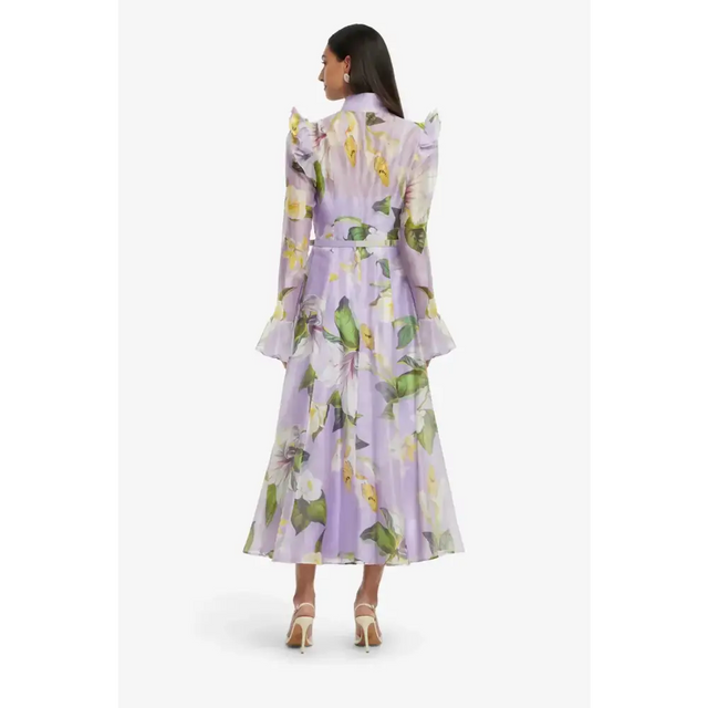 Leo Lin Katrina Butterfly Sleeve Midi Dress Lily Blossom Print in Lilac - Dresses