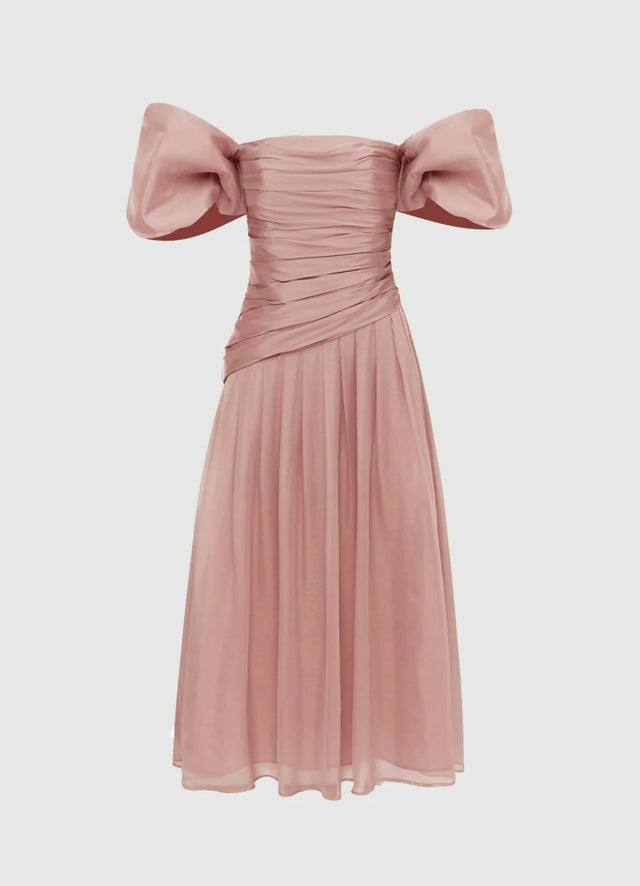 Leo Lin Lydia Puff Sleeve Midi Dress - Dusty Pink - 10 / Pink - Dresses