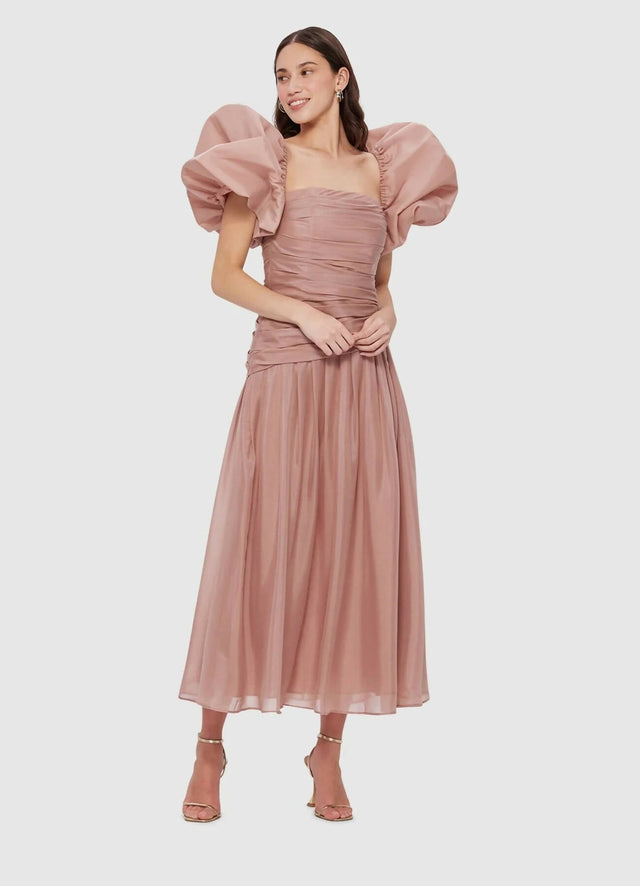 Leo Lin Lydia Puff Sleeve Midi Dress - Dusty Pink - 10 / Pink - Dresses