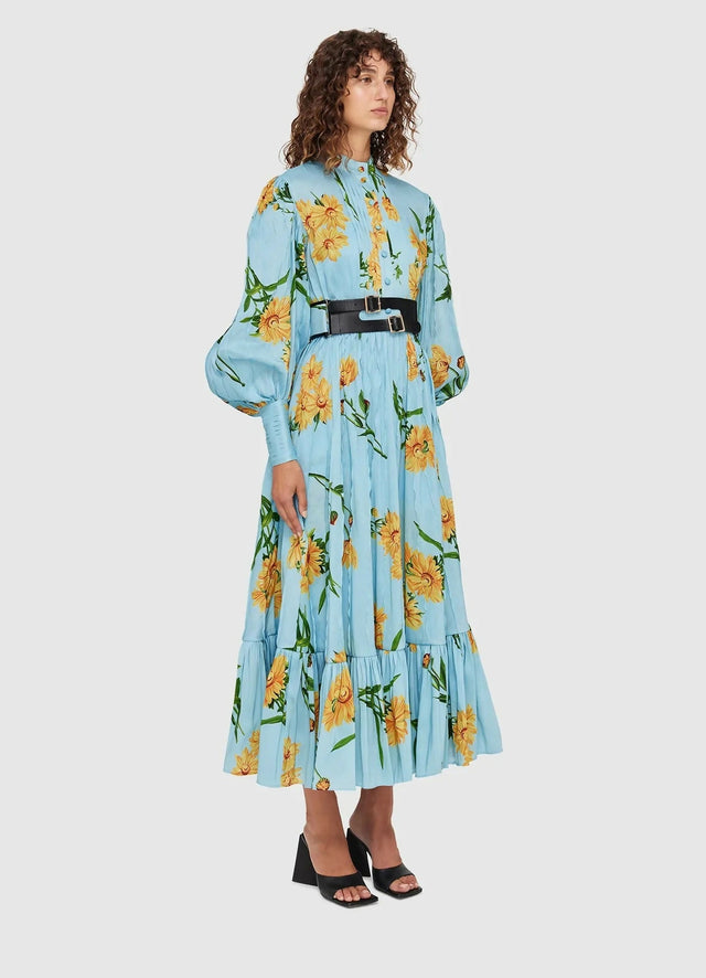 Leo Lin Marguerite Bleu Silk Linen Dress Marguerite Bleu Floral Print Size 8 10 12 & 14 - Dresses