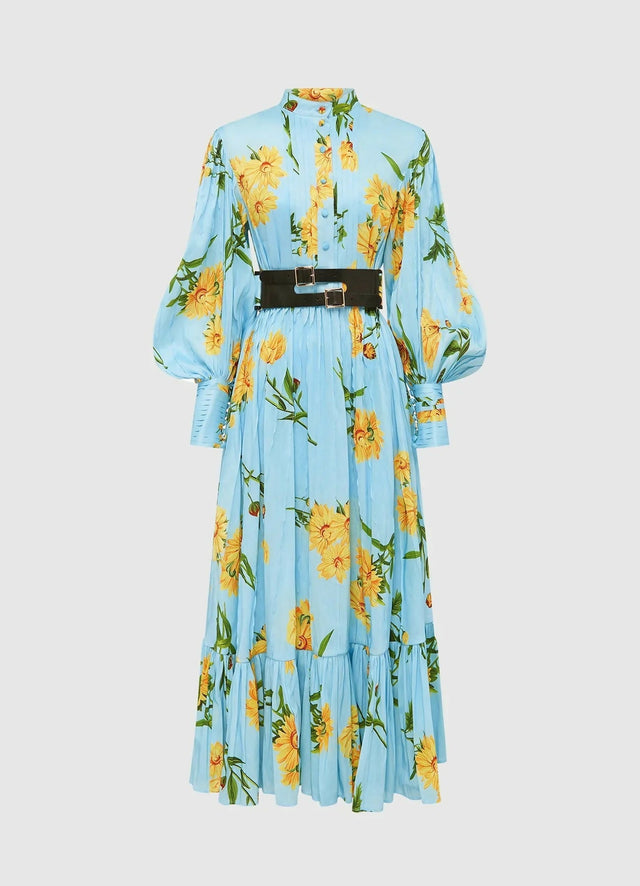Leo Lin Marguerite Bleu Silk Linen Dress Marguerite Bleu Floral Print Size 8 10 12 & 14 - Dresses