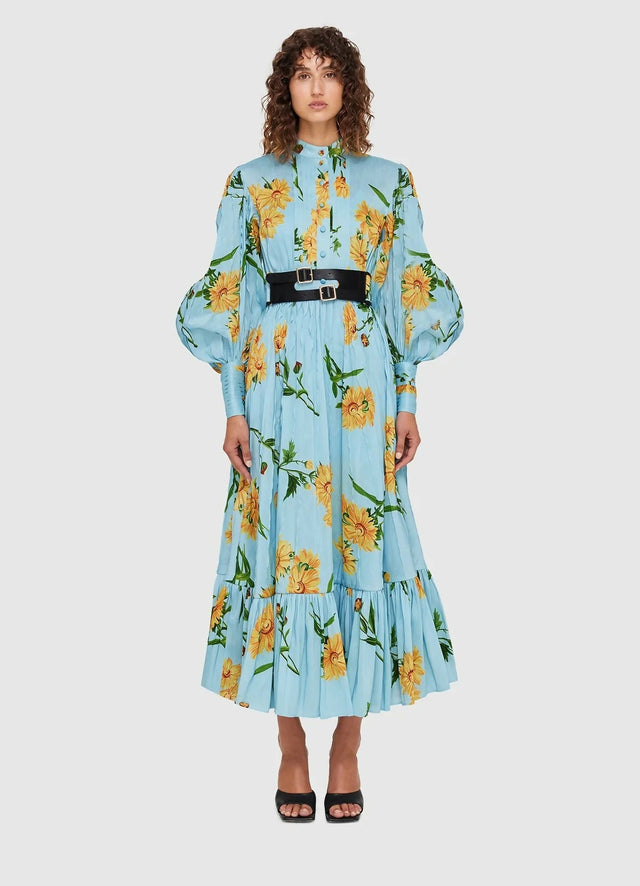 Leo Lin Marguerite Bleu Silk Linen Dress Marguerite Bleu Floral Print Size 8 10 12 & 14 - Dresses