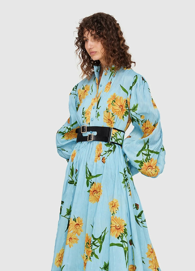 Leo Lin Marguerite Bleu Silk Linen Dress Marguerite Bleu Floral Print Size 8 10 12 & 14 - Dresses