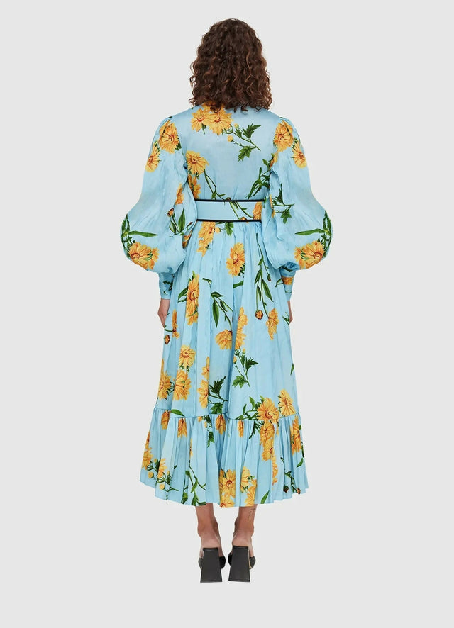 Leo Lin Marguerite Bleu Silk Linen Dress Marguerite Bleu Floral Print Size 8 10 12 & 14 - Dresses