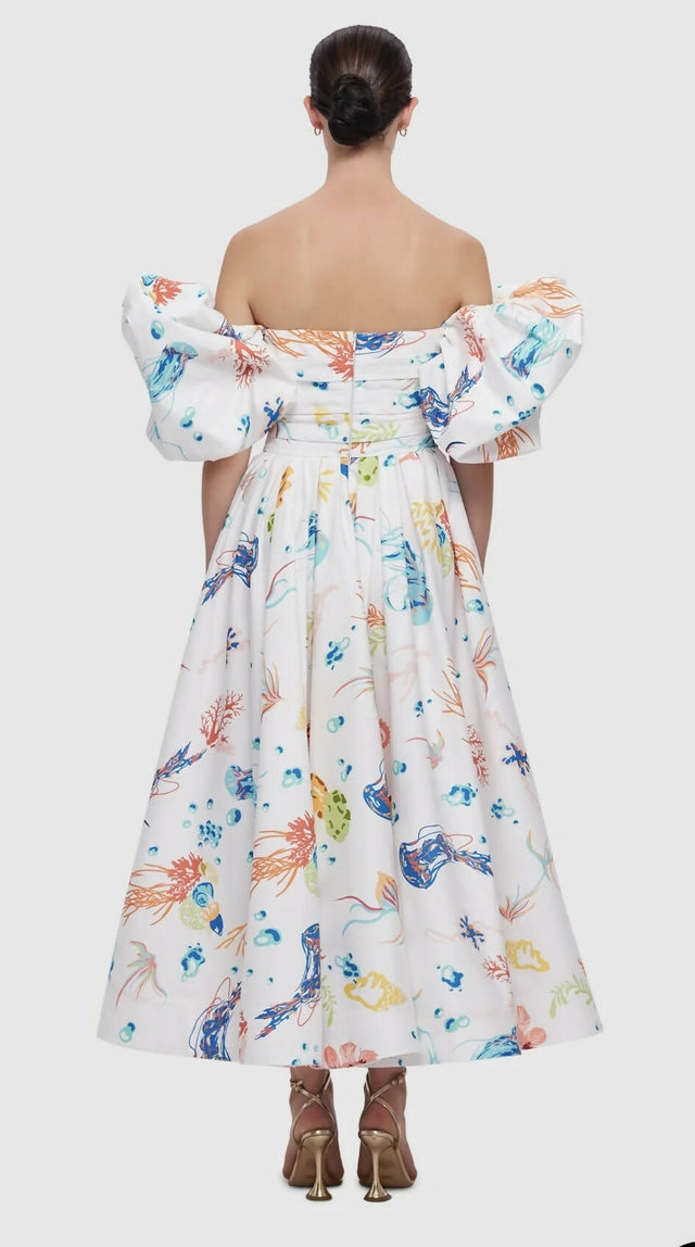 Leo Lin Matilda Puff Sleeve Midi Dress - Twilight Print in White - 10 / Multi - Dresses