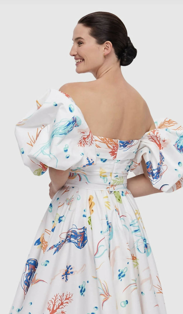 Leo Lin Matilda Puff Sleeve Midi Dress - Twilight Print in White - 10 / Multi - Dresses
