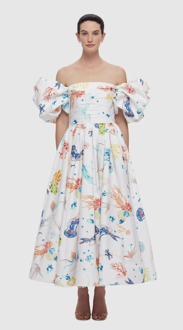 Leo Lin Matilda Puff Sleeve Midi Dress - Twilight Print in White - 10 / Multi - Dresses