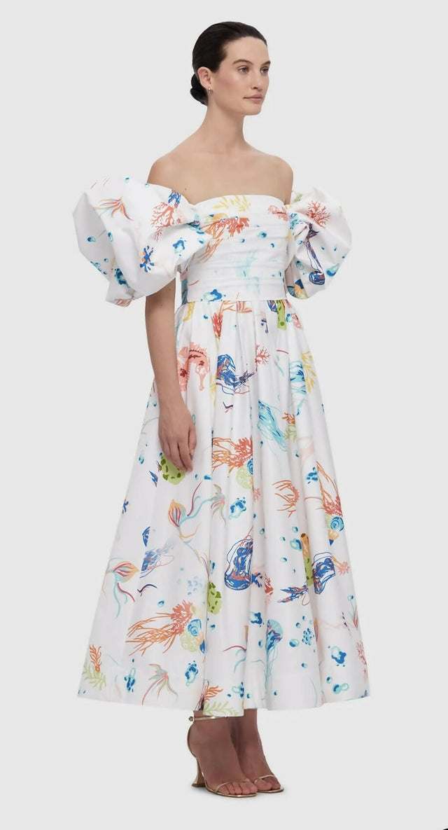 Leo Lin Matilda Puff Sleeve Midi Dress - Twilight Print in White - 10 / Multi - Dresses