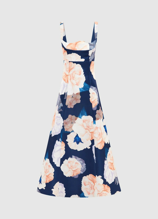 Leo Lin Odette Midi Dress in Rosebud Print in Navy Size 8 10 - Dresses