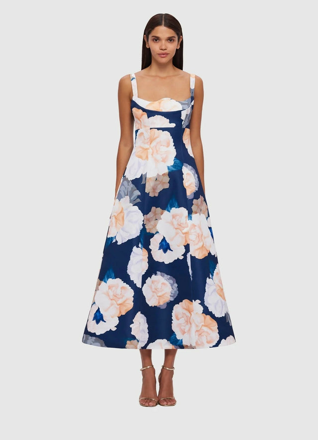 Leo Lin Odette Midi Dress in Rosebud Print in Navy Size 8 10 - Dresses