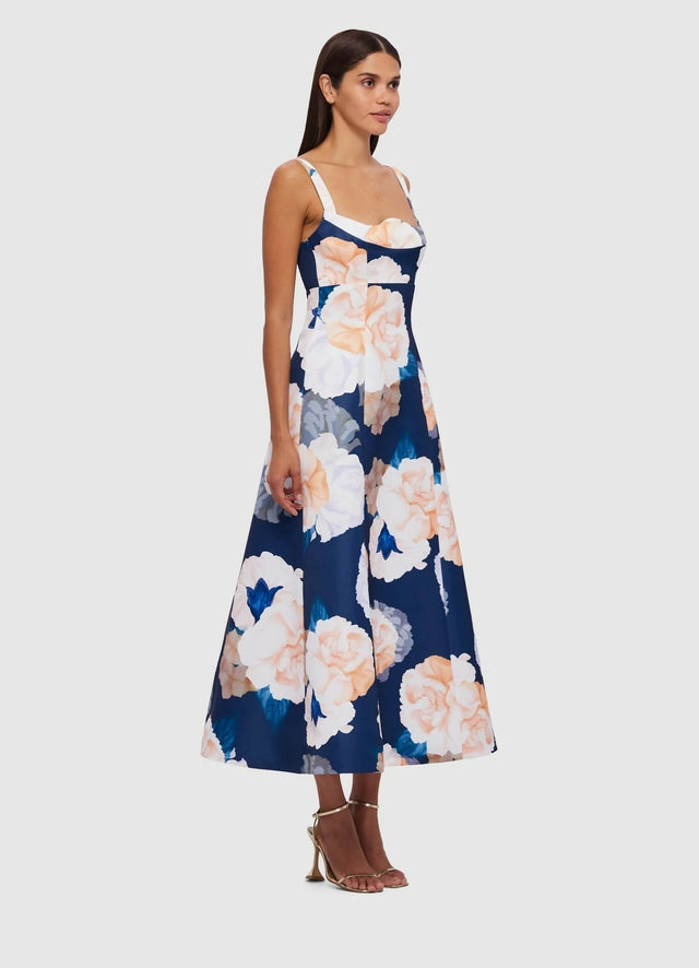 Leo Lin Odette Midi Dress in Rosebud Print in Navy Size 8 10 - Dresses