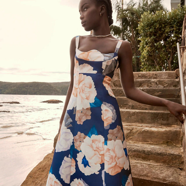 Leo Lin Odette Midi Dress in Rosebud Print in Navy Size 8 10 - Dresses