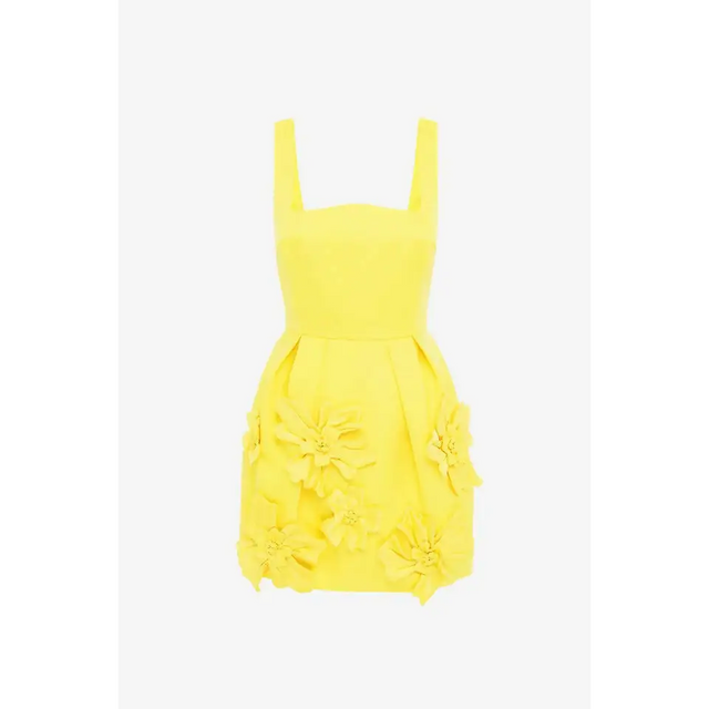 Leo Lin Piper Floral Appliqué Bell Shape Mini Dress in Sunshine - 8 / Yellow - Dresses