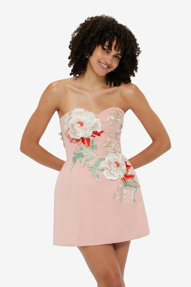 Leo Lin Rosario Appliqué Bustier Mini Dress - Peony Print - 12 / Pink - Dresses