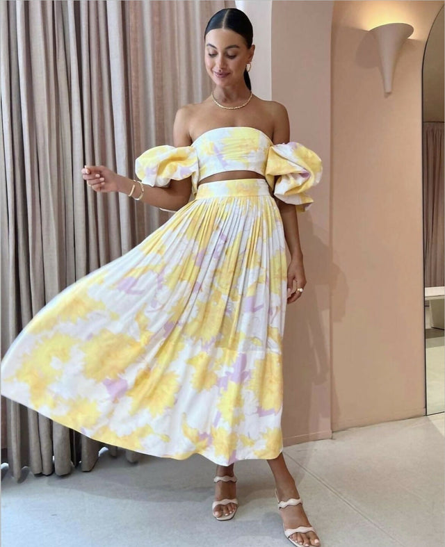 Leo Lin Simone Puff Top And Elina Skirt In Jasmine Print - Outfit Sets