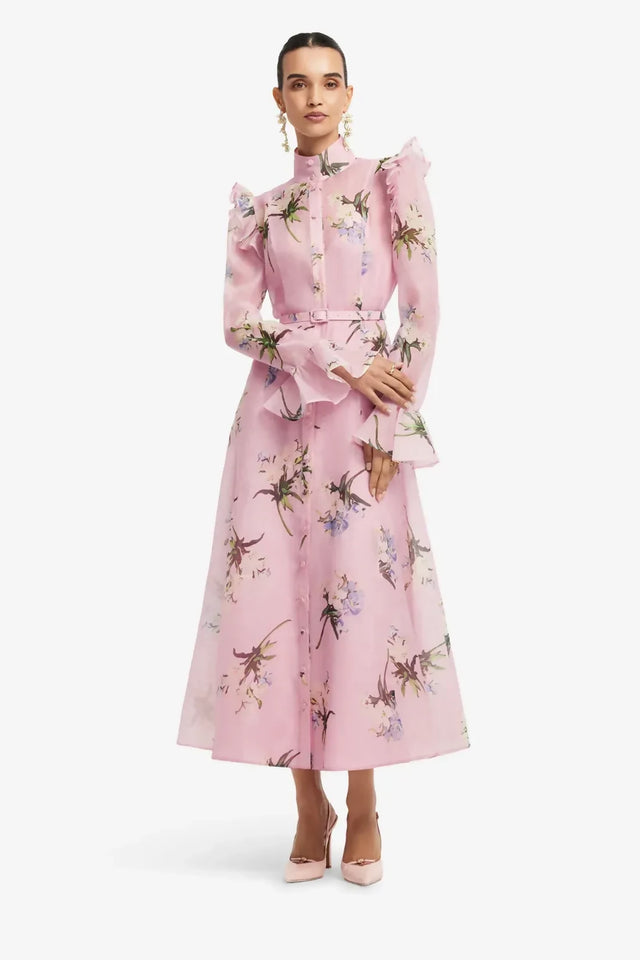 Leo Lin Katrina Butterfly Sleeve Midi Dress Bouquet Print in Pastel Pink
