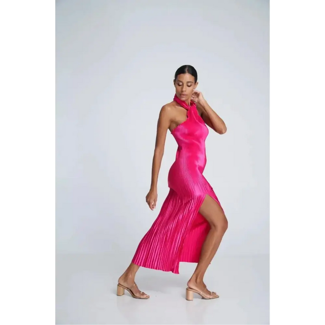 L’Idee Soiree Pleated Halter Gown Punch Hot Pink Size AU 12 - 12 / Pink - Dresses