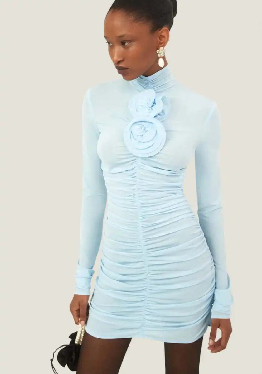 Light blue ruched mini dress.