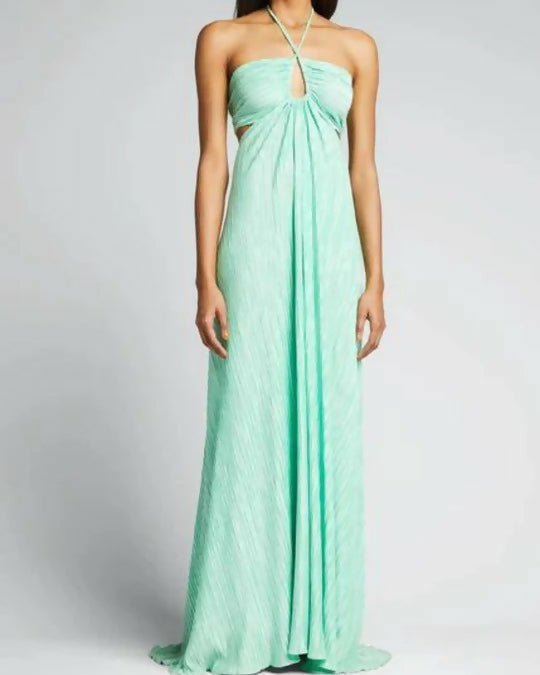 Love Shack Fancy Julissa Plissé-satin Halterneck Maxi Dress In Multi - 8 / Green - Dresses