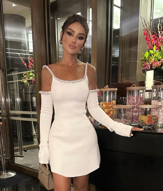 Mach & Mach Cream Crystal Embellished Long Sleeve Mini Dress - Passion For Fashion