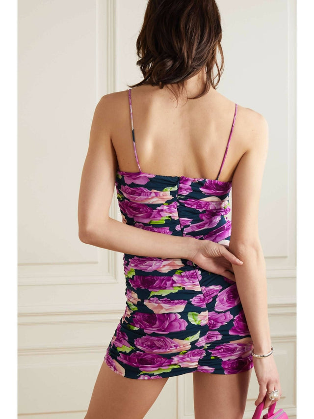 Magda Butrym - Magda Butrym Lower Applique Navy Floral Print Ruched Mini Dress