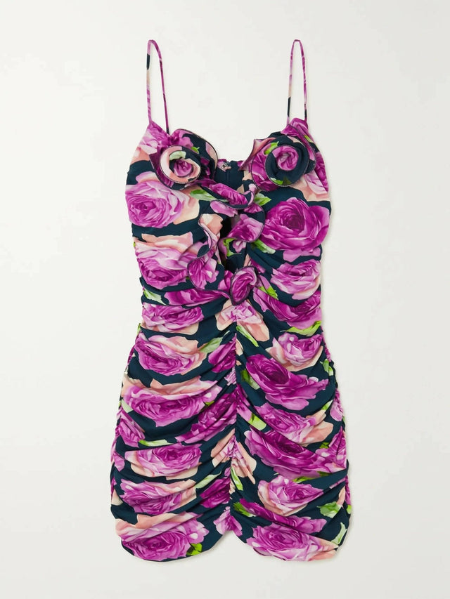 Magda Butrym - Magda Butrym Lower Applique Navy Floral Print Ruched Mini Dress