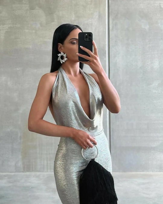 Melani Maria Cowl Gown in Moonlight Silver Foil - 12 / Silver - Dresses