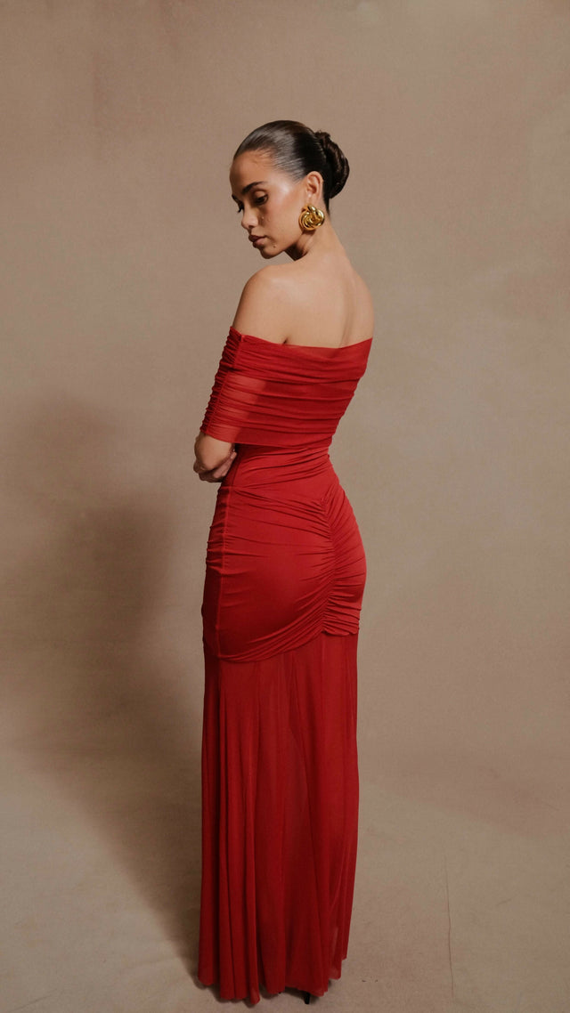 Meshki Caspian Slinky & Mesh Off-Shoulder Maxi — Red - Dresses