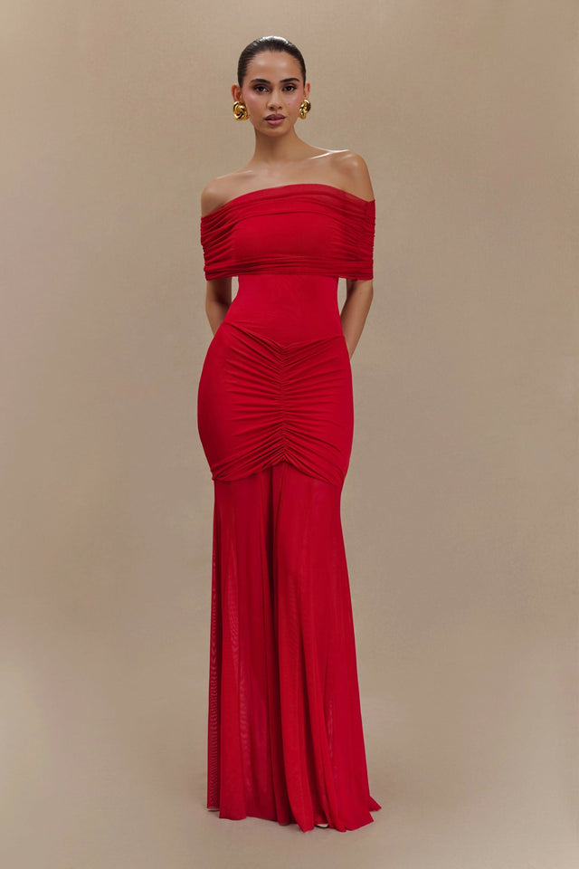 Meshki Caspian Slinky & Mesh Off-Shoulder Maxi — Red - Dresses
