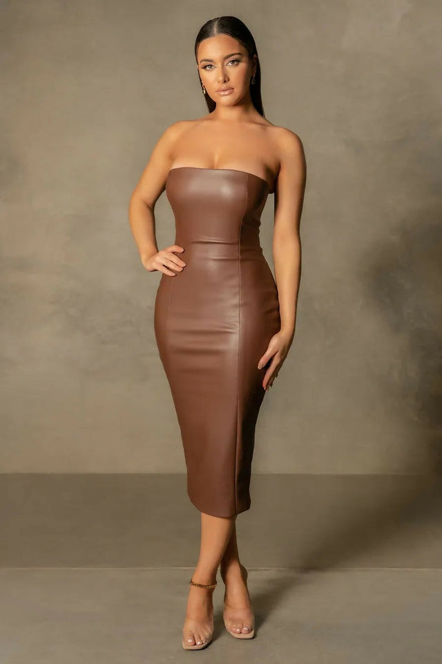 Meshki Pamela Strapless Faux Leather Dress in Chocolate Size 6 & 8 - 6 / Brown - Dresses