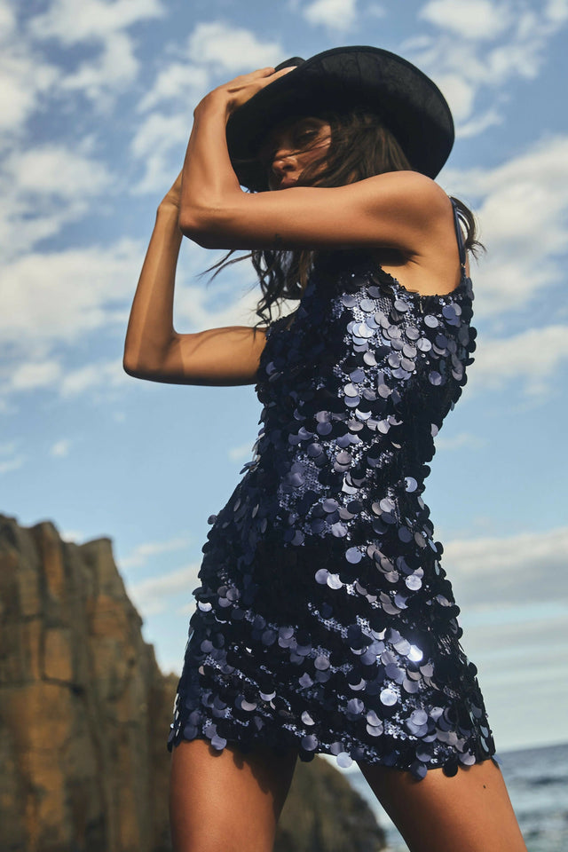 Meshki Romilly Sequin Metallic Mini in Midnight Navy - 6 / Blue - Dresses