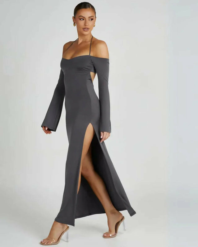 Meshki Slinky Off Shoulder Maxi Dress in Charcoal - 8 / Gray - Dresses