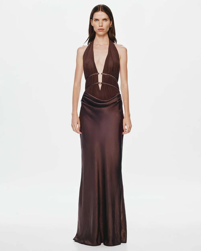 Misha The Celine Satin Maxi Dress Umber Brown Size 10 - 10 / Brown - Dresses