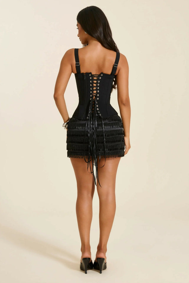 MARS THE LABEL The Avena Beaded Mini Skirt & The Hourglass Corset Top in Black