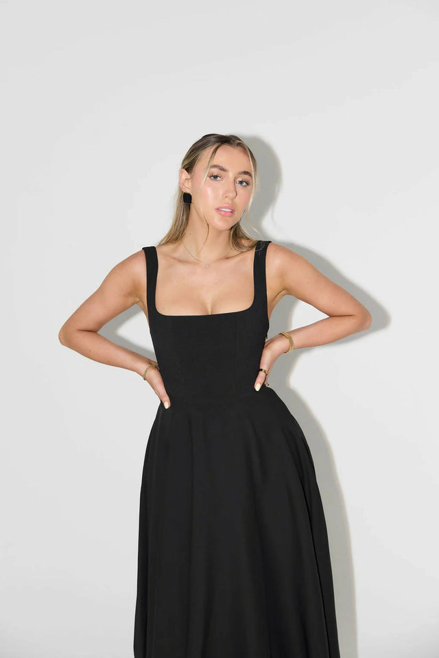 Odd Muse The Ultimate Muse High Waist Square Neck Midi Dress in Black Size S / AU 8 & 10 - Dresses