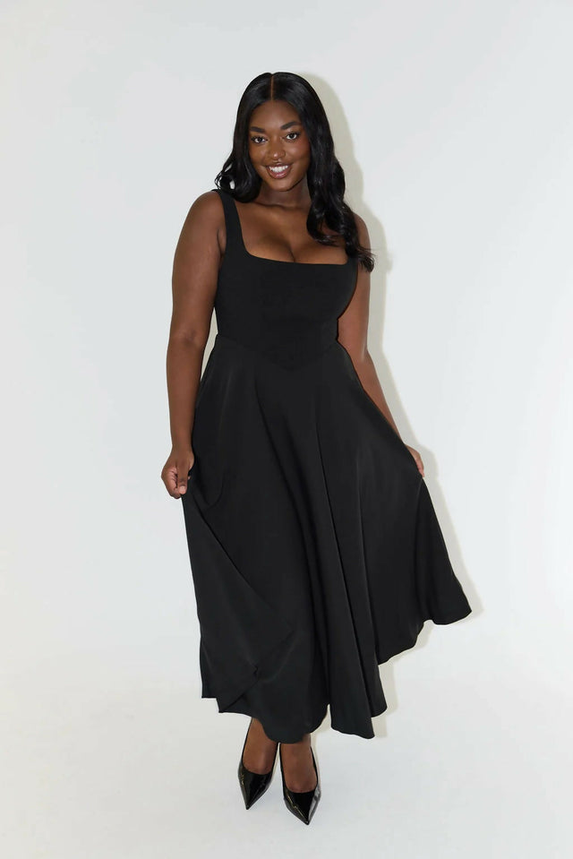 Odd Muse The Ultimate Muse High Waist Square Neck Midi Dress in Black Size S / AU 8 & 10 - Dresses