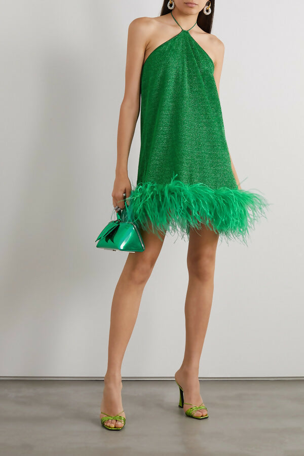 Oseree Lumiere Feather Trimmed Metallic Stretch Knit Halterneck Dress - 8 / Green - Dresses