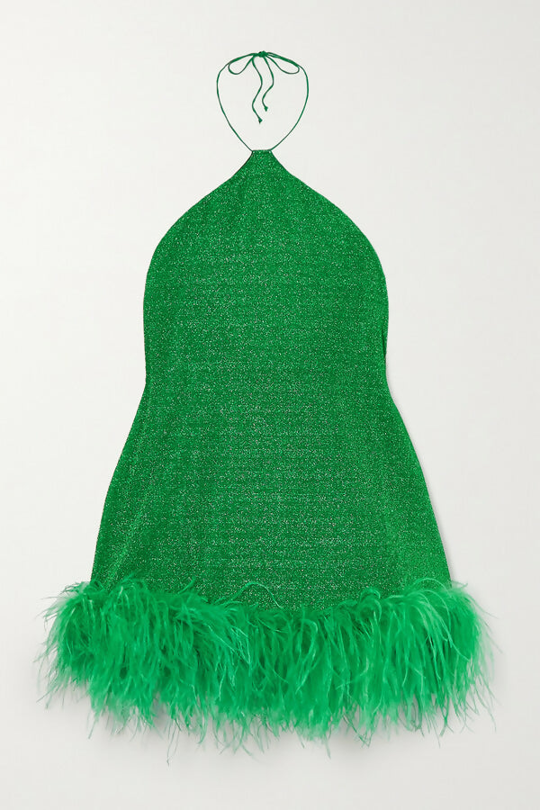 Oseree Lumiere Feather Trimmed Metallic Stretch Knit Halterneck Dress - 8 / Green - Dresses