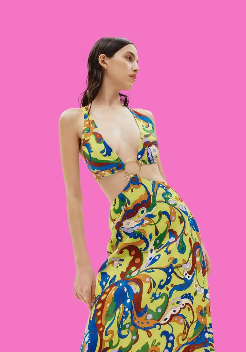 Patterned halter-neck cutout dress.