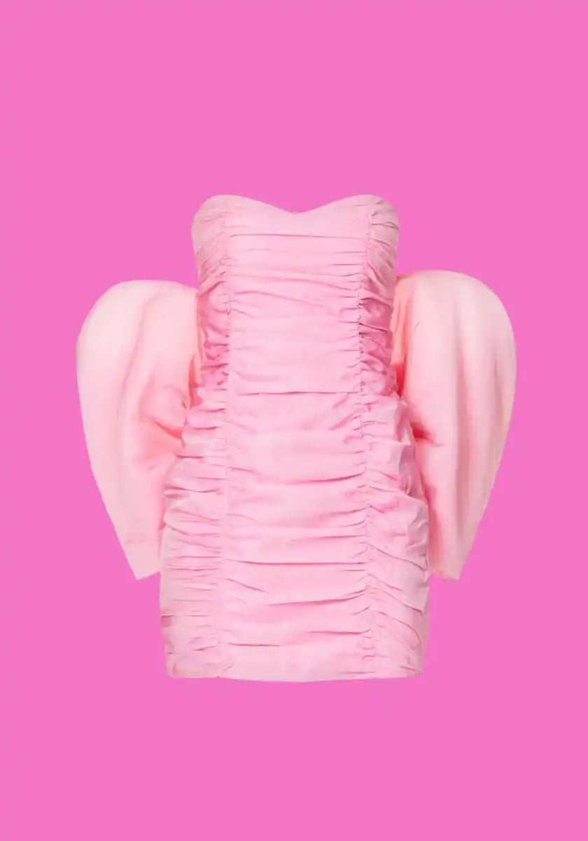 Pink ruched mini dress with puff sleeves.