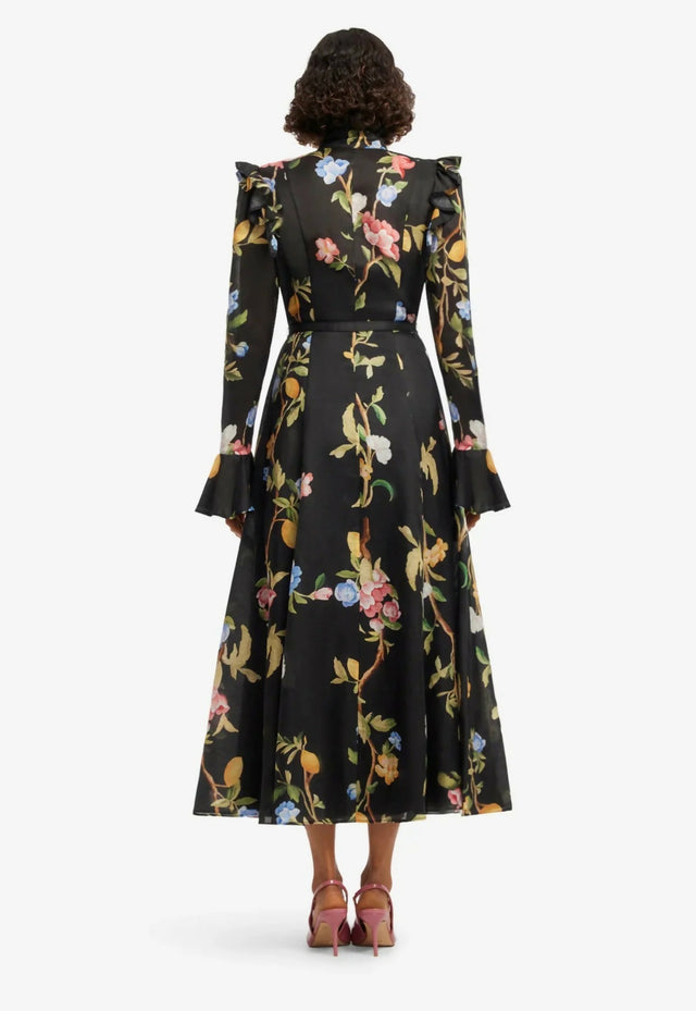 Leo Lin Katrina Butterfly Sleeve Midi Dress in Lemon Vine Print in Ebony