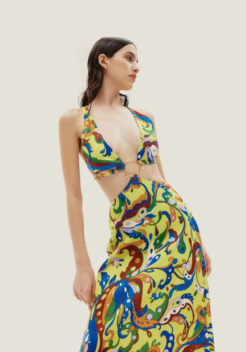 Psychedelic-patterned halter dress.