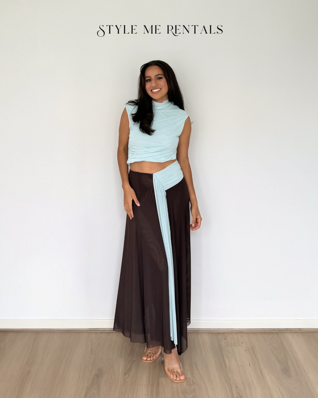 Bec and Bridge Conni Asym Midi Dress Artic Blue and Dark Choc